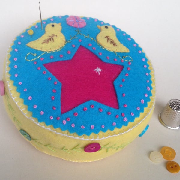Yellow and Turquoise Folk-Art Pincushion