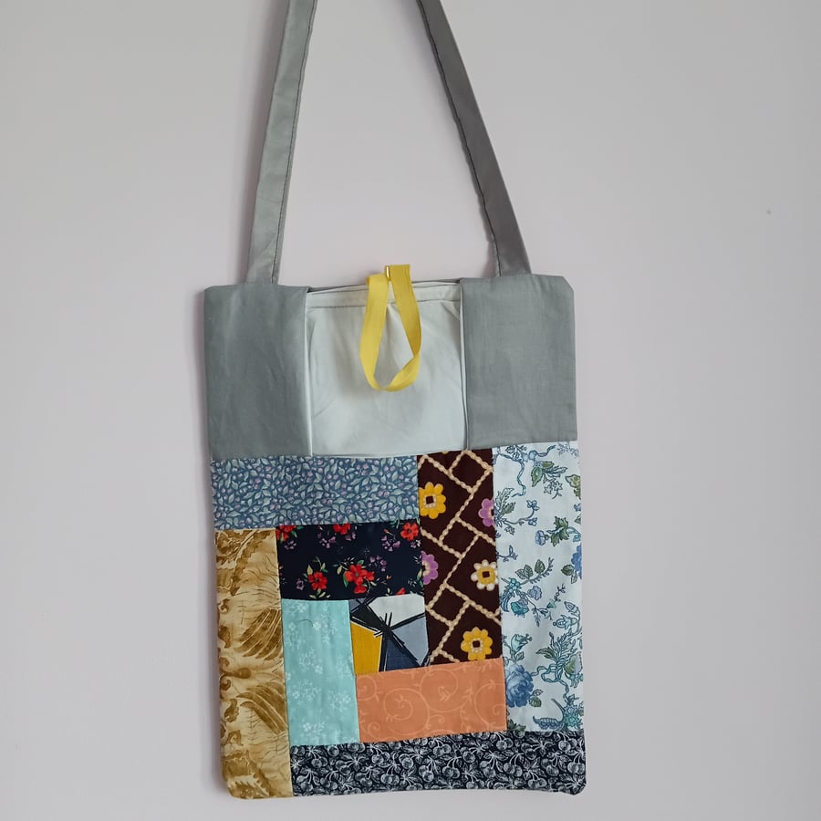 Patchwork peg bag. Multicoloured large peg bag with shoulder strap. 
