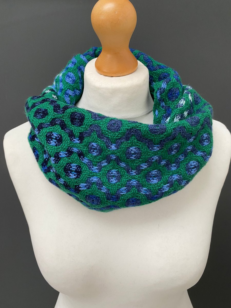 Handwoven green an blue merino snood scarf