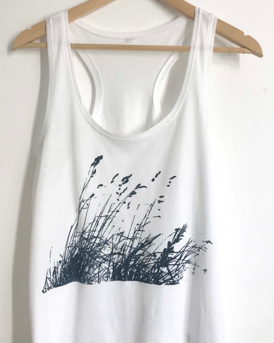 Wild Grasses Womens White Vest Racerback style lightweight organic cotton