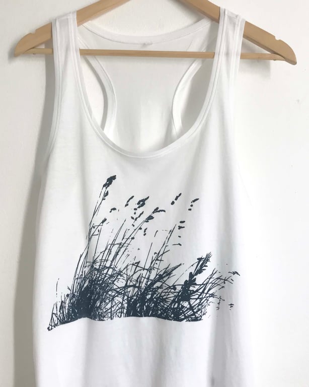 Wild Grasses Womens White Vest Racerback style lightweight organic cotton