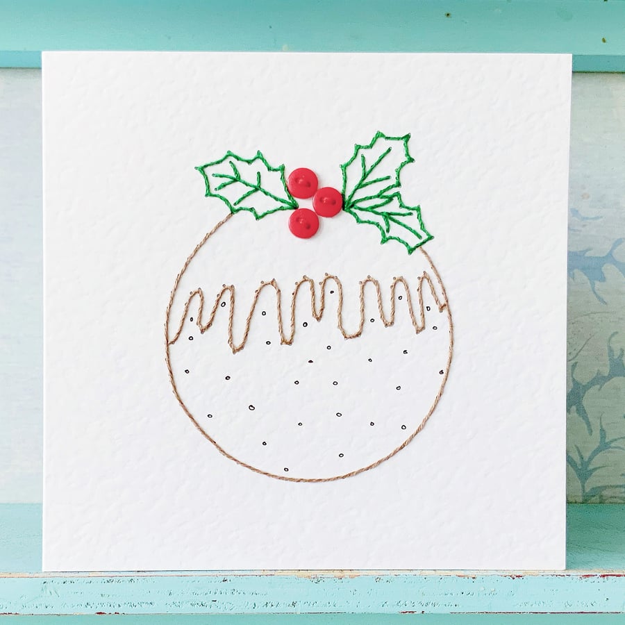 Hand Sewn Card. Christmas Pudding Card. Christmas Card. Embroidered Card.