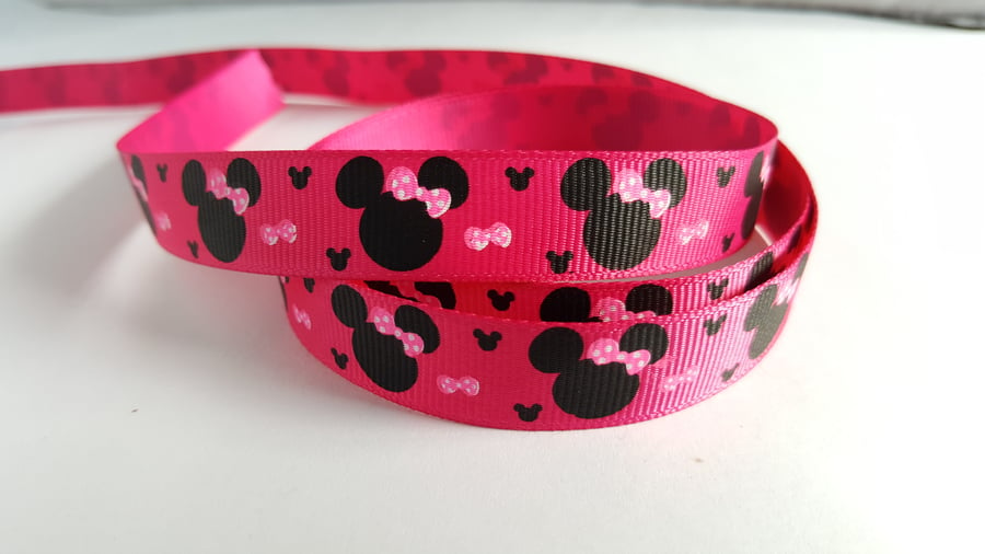 3m Ribbon - Printed Grosgrain - 16mm - Cartoon Mouse - Pink 