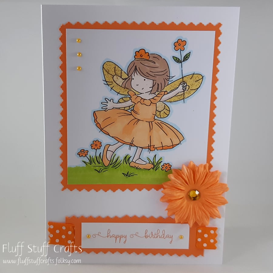 Handmade orange fairy birthday card