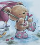 Hugs and kisses bear and ducks on a rainy day Happy Birthday card - Image 3