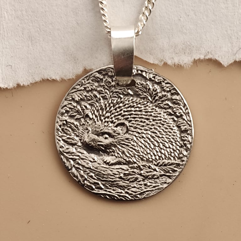 Hedgehog Engraved Sterling Silver Coin Necklace