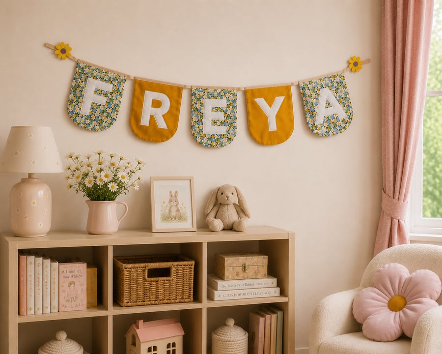 Personalised Floral Name Garland, Mustard Velour & Liberty Style Nursery Bunting