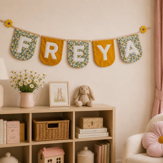 Personalised Floral Name Garland, Mustard Velour & Liberty Style Nursery Bunting