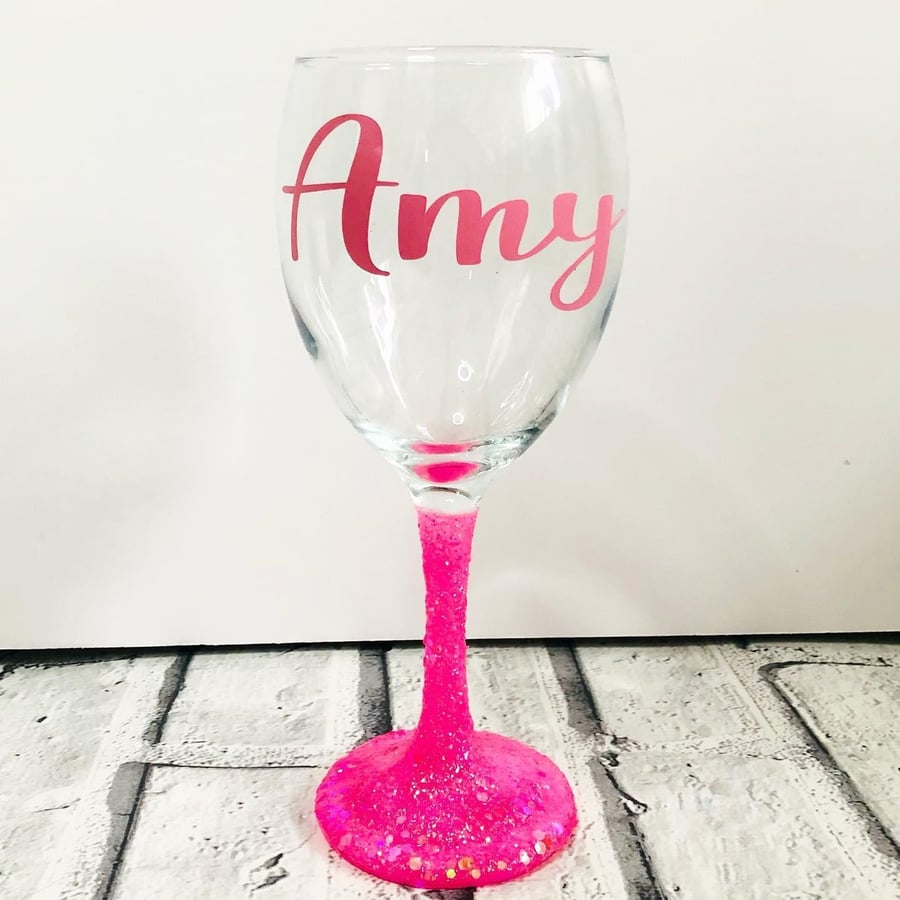 Personalised glitter stem wine glass, personalised glass, glitter stem glass, 