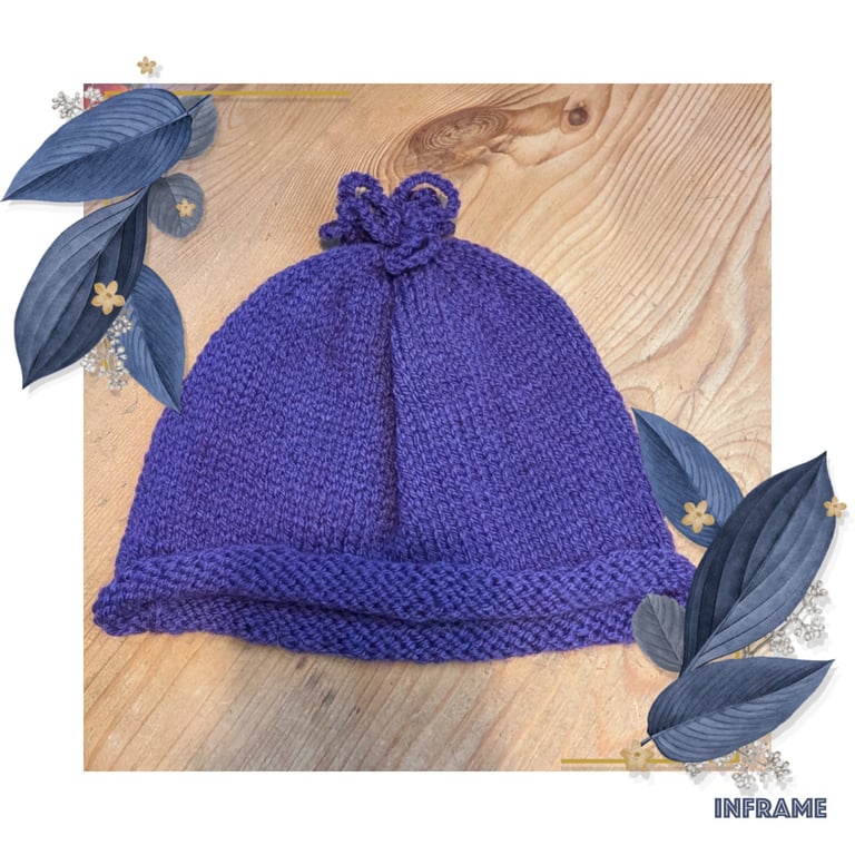 Purple Beany Hat hand knit with fun top knot.