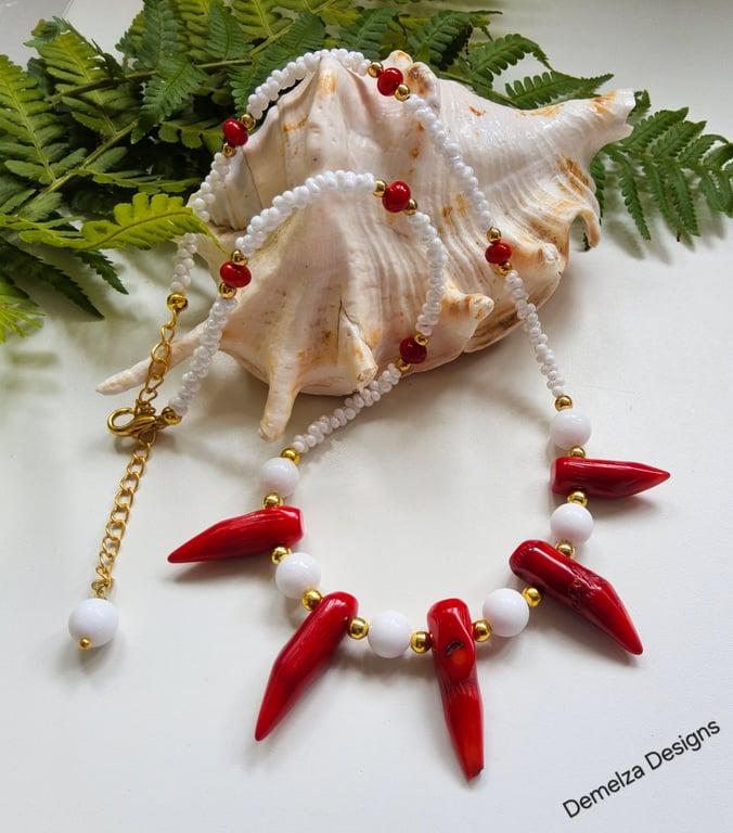 Red Bamboo Coral, Agate & White Seed Bead Necklace 