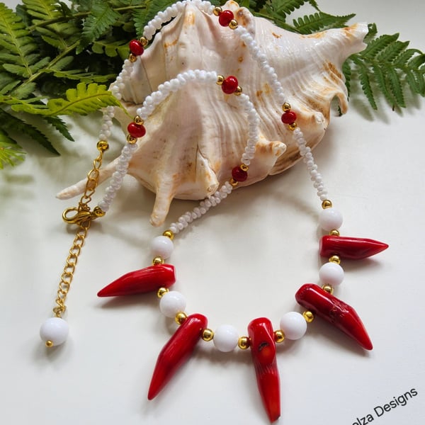 Red Bamboo Coral, Agate & White Seed Bead Necklace 