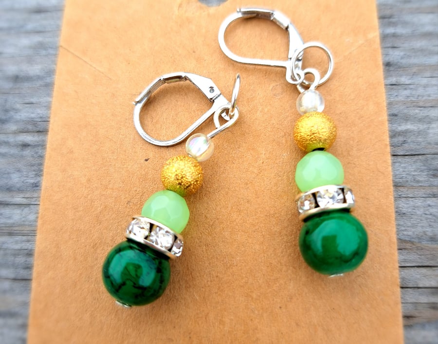 Green and jade beaded dangle earrings