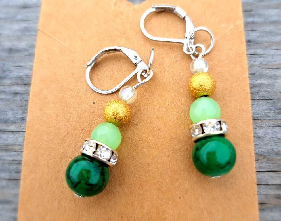 Green and jade beaded dangle earrings