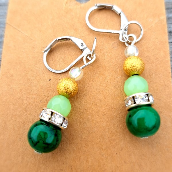 Green and jade beaded dangle earrings