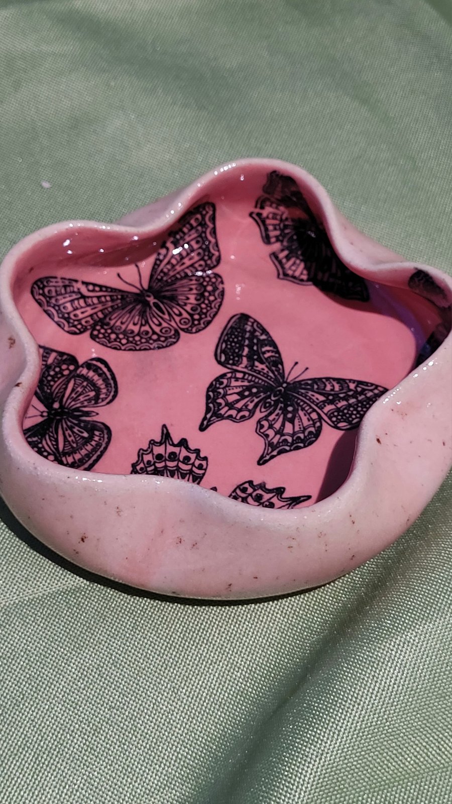 Flower shaped pink butterfly detailed trinket dish handmade pottery