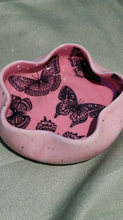 Flower shaped pink butterfly detailed trinket dish handmade pottery