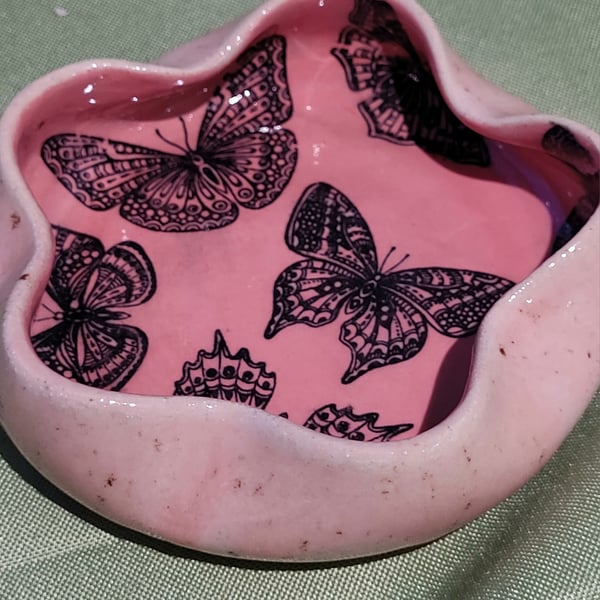 Flower shaped pink butterfly detailed trinket dish handmade pottery