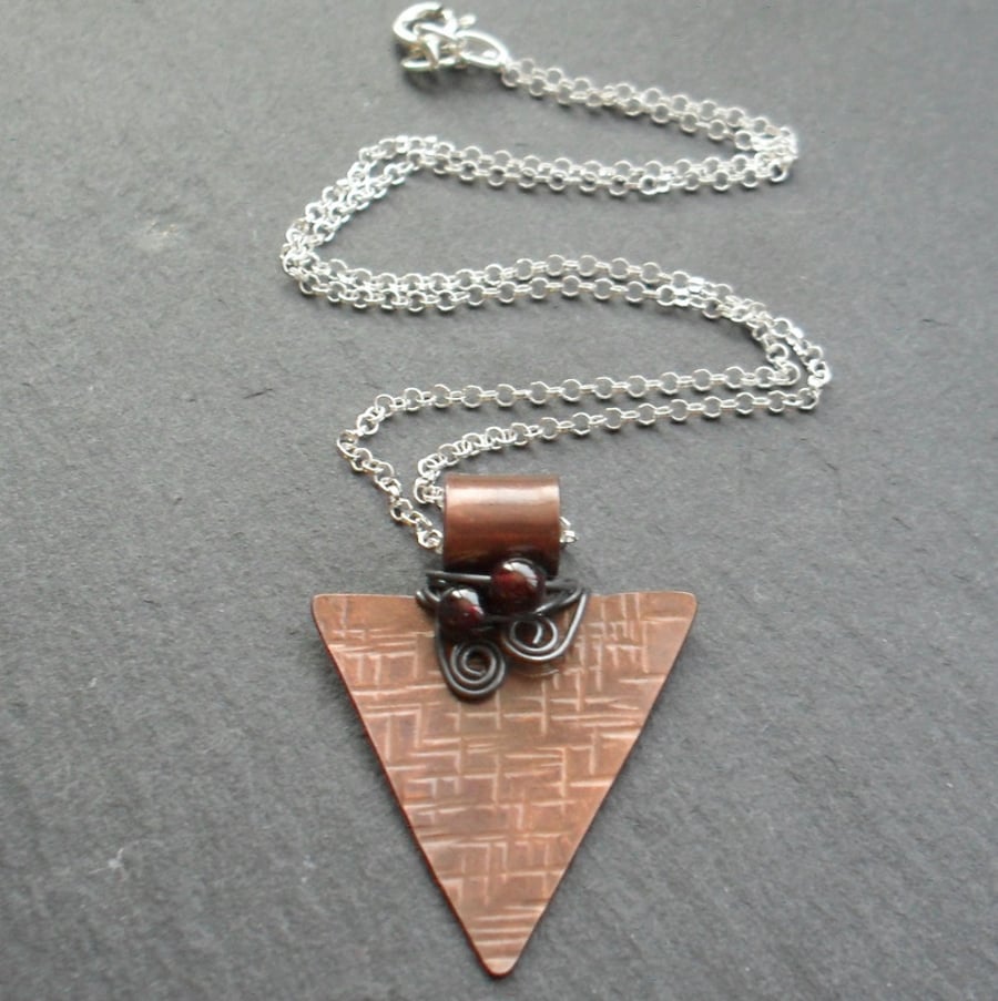 Copper Pendant With Garnet Sterling Silver Chain Vintage Style