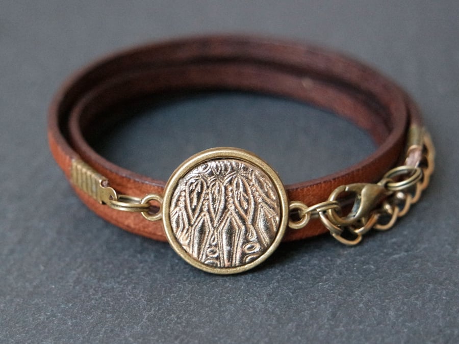 Leather bracelet - mandala dreamcatcher black bronze brown
