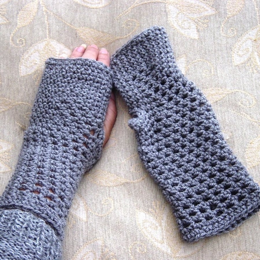 Slate Grey Crocheted Long Length Fingerless Mittens or Wrist Warmers.