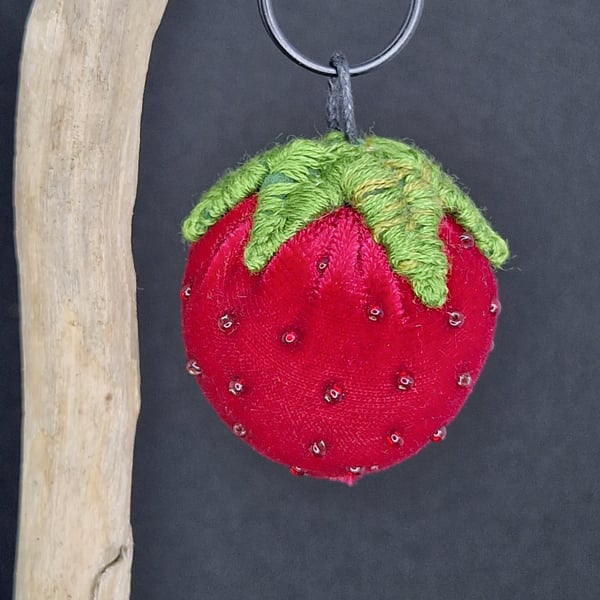 Strawberry textile art bag charm,keyring 