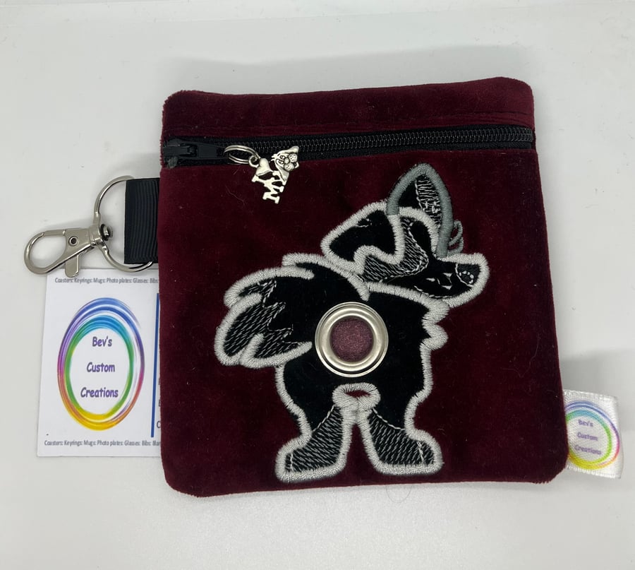 Border Collie, Embroidered Poo bag dispenser. Dark Red