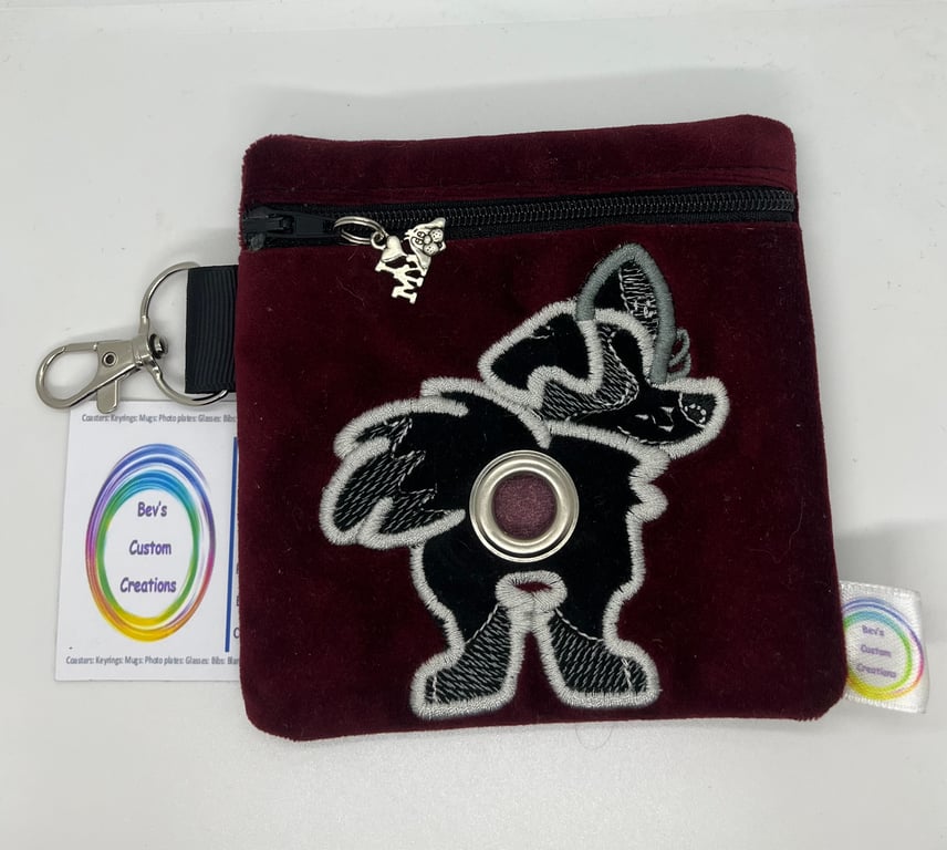 Border Collie, Embroidered Poo bag dispenser. Dark Red