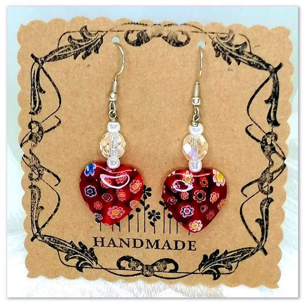 Elegant handmade, Venetian Murano, red heart shaped glass bead earrings.