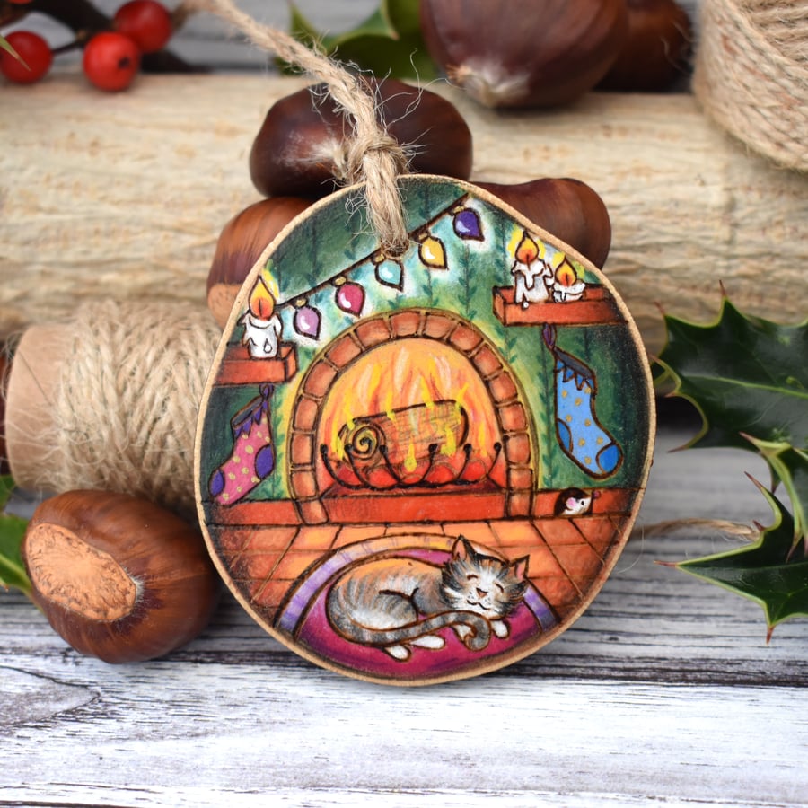 Sleepy cat by the fire. Pyrography cute personalised decoration.