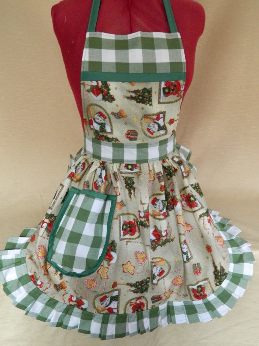 Vintage 50s Style Full Apron Pinny - Christmas Snowmen with Green Trim