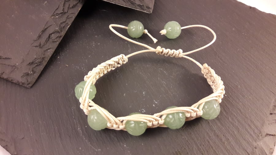 Carved Flower Aventurine Macrame Adjustable Bracelet