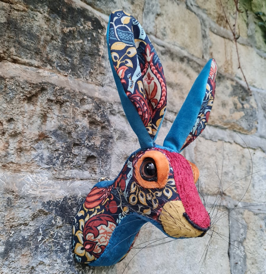 Faux hare head wall mount in William Morris fabric