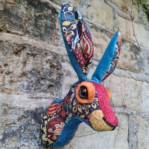 Faux hare head wall mount in William Morris fabric