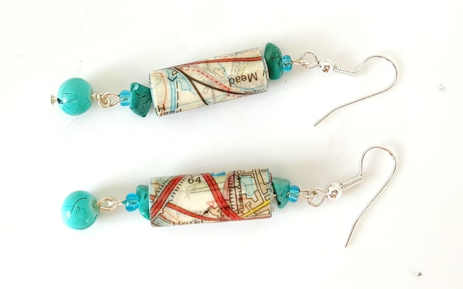 Paper beaded earrings made from old OS map of Oxford