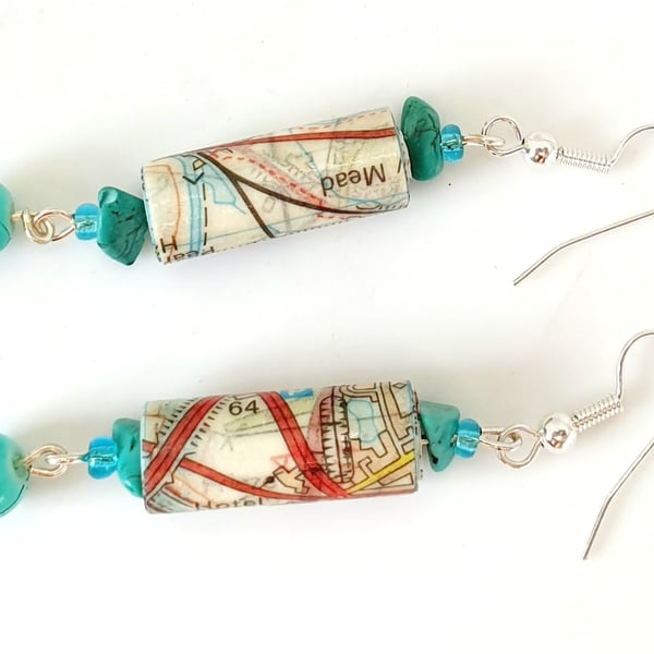 Paper beaded earrings made from old OS map of Oxford