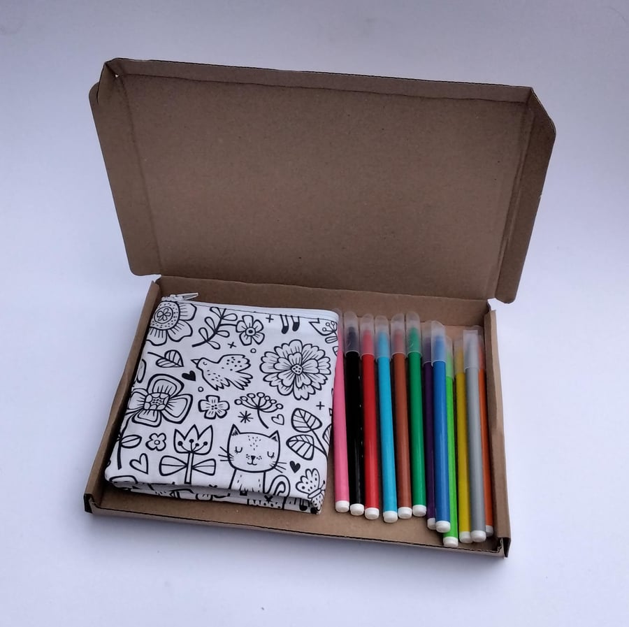 Birds and Flowers Spring Pencil Case to Colour, Letterbox gift