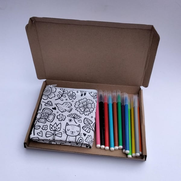Birds and Flowers Spring Pencil Case to Colour, Letterbox gift