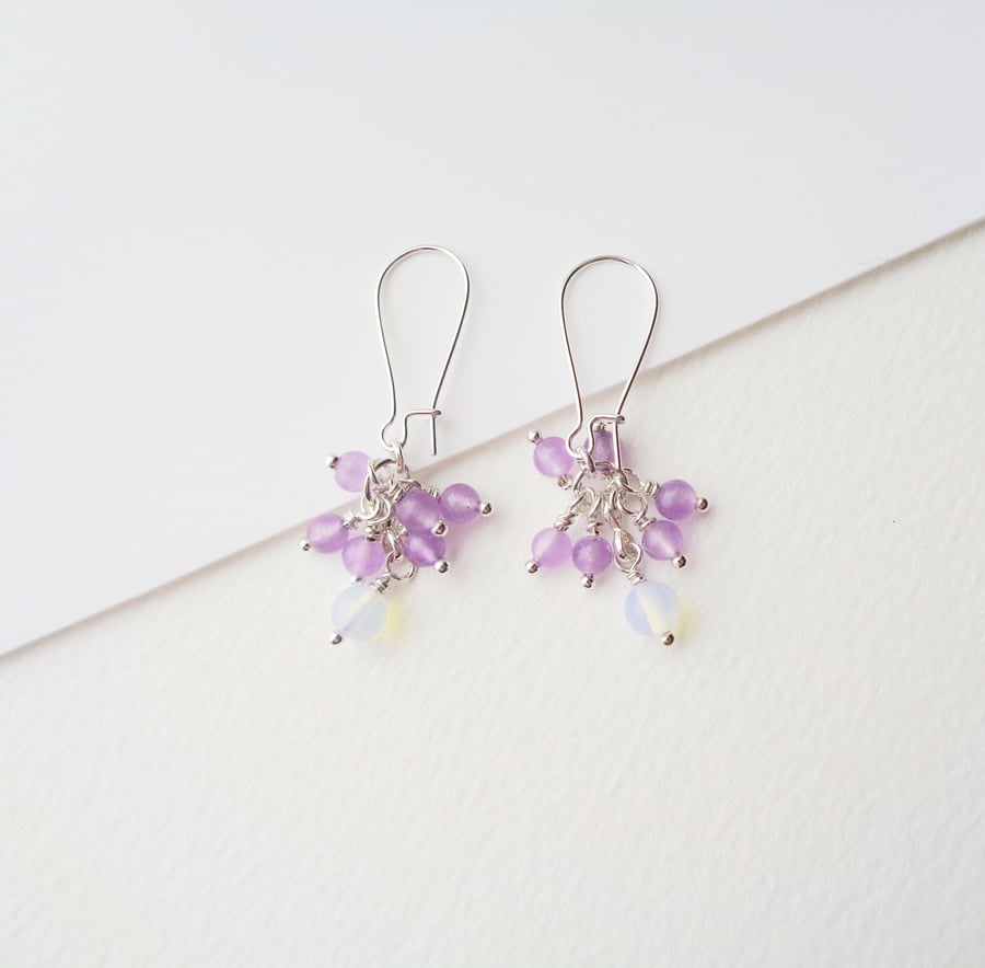 Purple Jade and Moonstone Cluster gemstone Dangle Earrings Silver