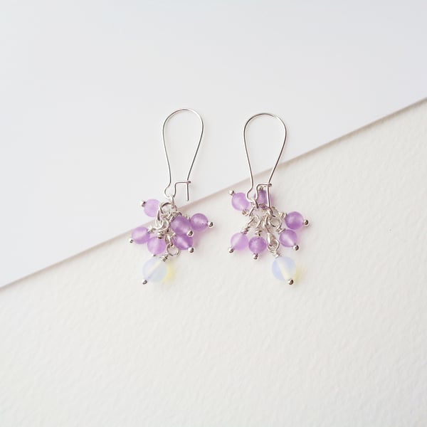 Purple Jade and Moonstone Cluster gemstone Dangle Earrings Silver