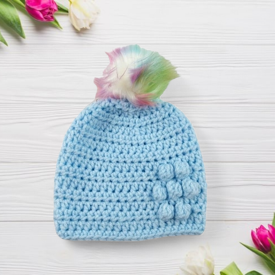 Crocheted Baby Pompom Hat, Blue Faux Fur, Bobble Flower Detail, 0-3 Months