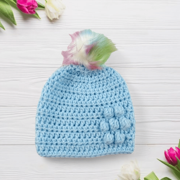 Crocheted Baby Pompom Hat, Blue Faux Fur, Bobble Flower Detail, 0-3 Months