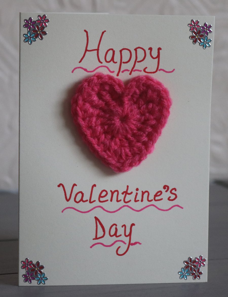 "Happy Valentine's Day" Flower and Crochet Heart Card