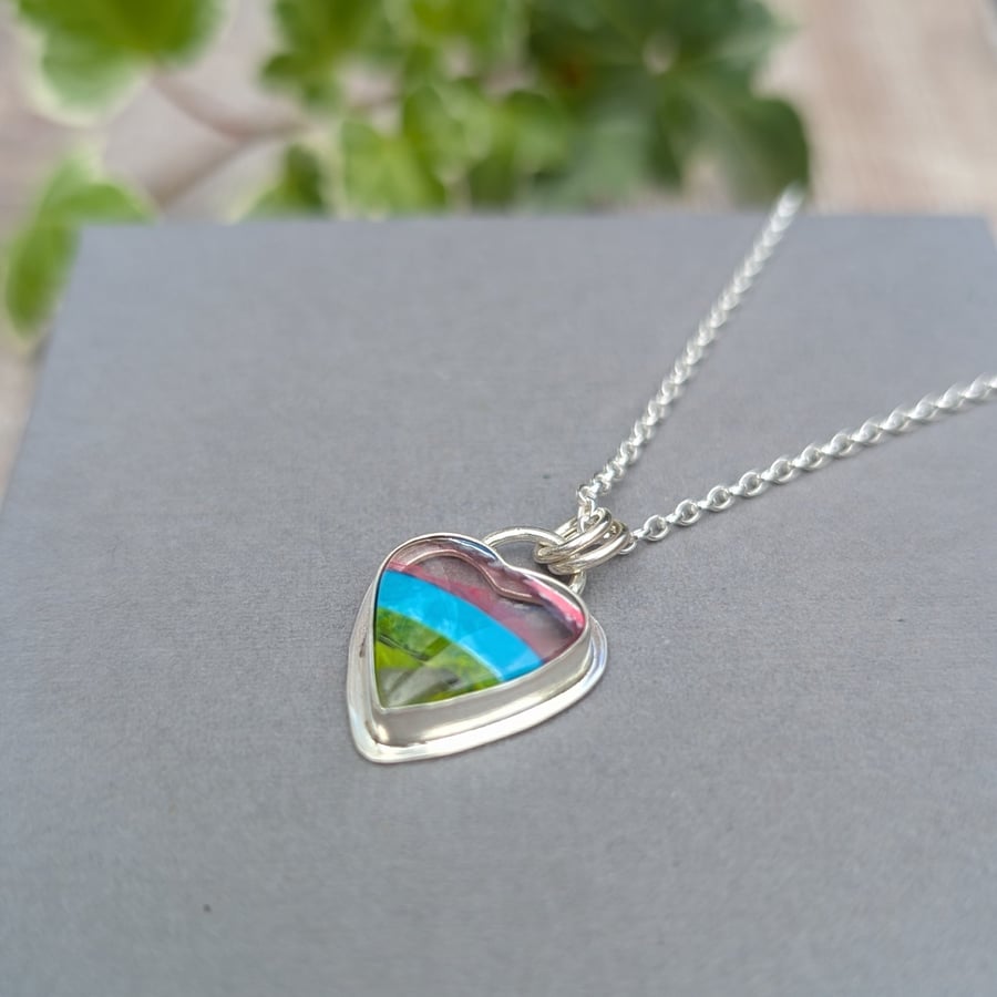 Sterling Silver Multicoloured Surfite Heart Necklace - JBJ2071