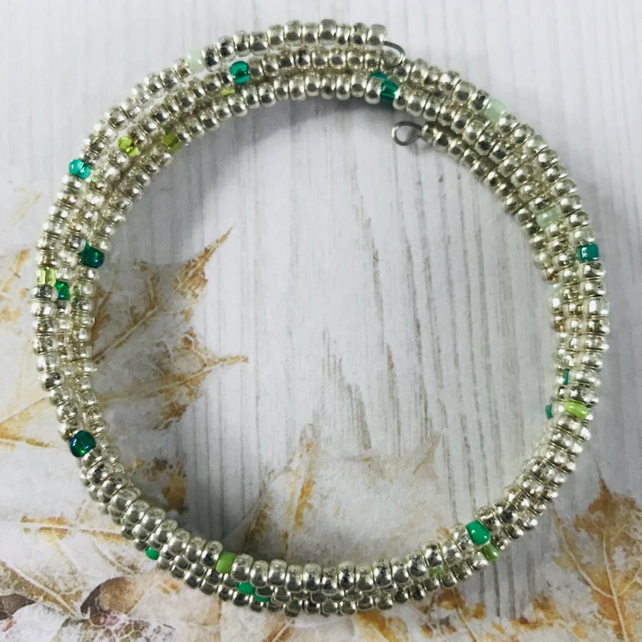 Silver & Green Seed Beaded Memory Wire Bracelet