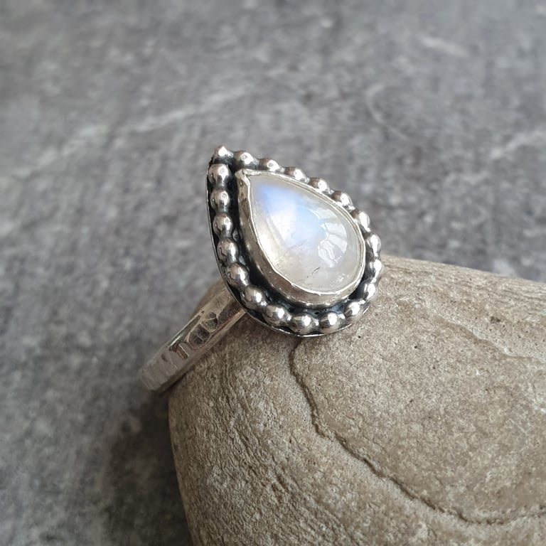 Moonstone teardrop ring, June birthstone, Silver stacking ring