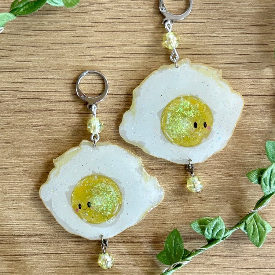Fried Egg Sunny Side Up Earrings - Breakfast Food Glitter Dangle Hoops
