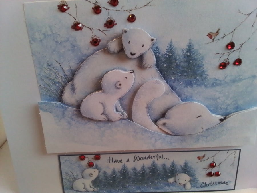 Christmas card. Decoupage card and gift tag set. Popar bears. CC860