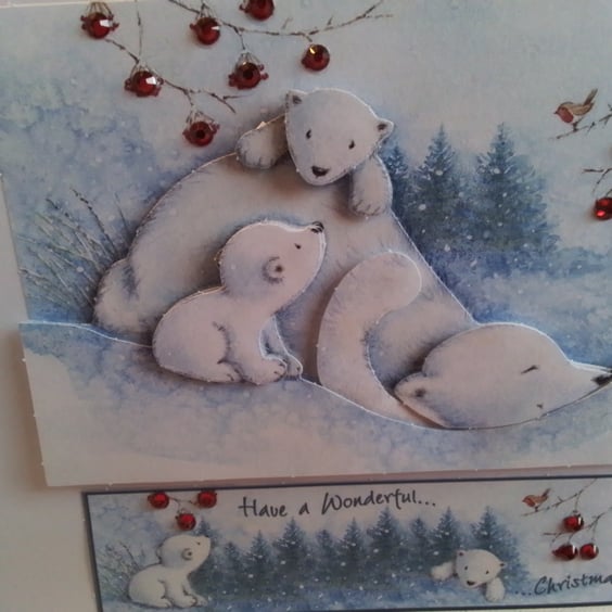 Christmas card. Decoupage card and gift tag set. Polar bears. Ref 148