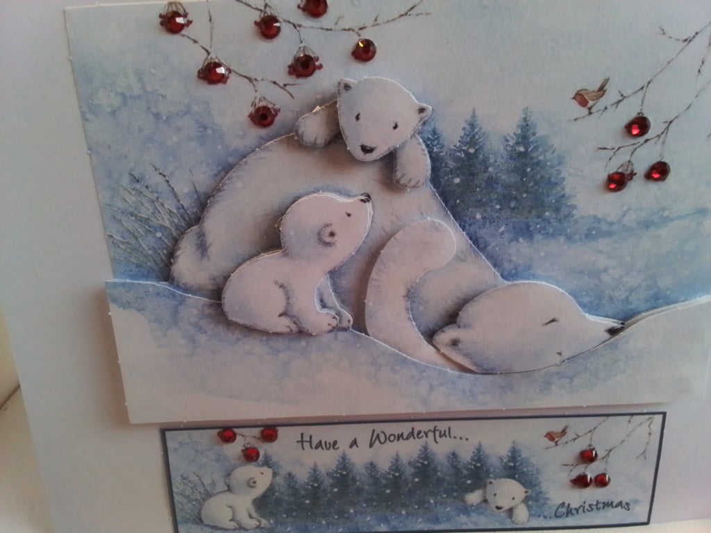 Christmas card. Decoupage card and gift tag set. Polar bears. Ref 148
